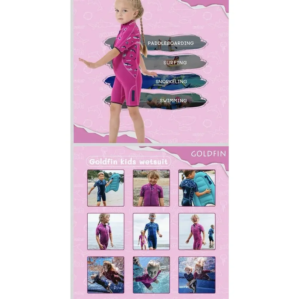 GoldFin Neoprene Shorty Wetsuit Hot Pink Sea Creatures Half Zip Girls 4 New